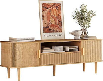 DAMCROP 62.4 Inch Fluted TV Stand, Modern Media Console Table with Sliding Tambour Door Farmhouse Sideboard Buffet Cabinet Fits TVs up to 75 inch, Wood Entertainment Center for Living Room(Oak)