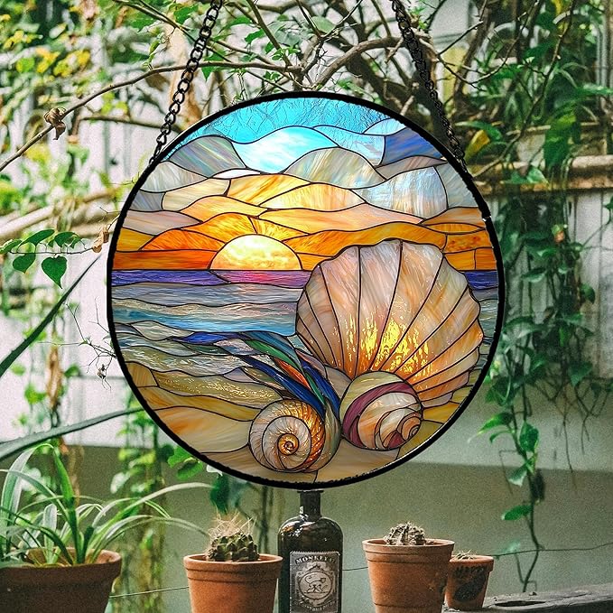 AMDERVEN Stained Glass Window Hanging - Colorful Beach Shells Conch Sun Catcher for Door Home Decor Ocean Suncatcher Christmas Mother's Day Birthday Sea Lover Gifts for Women Men Mom Nana 15 in