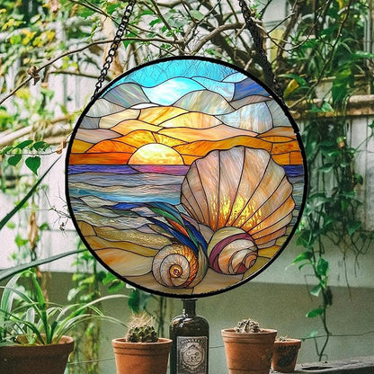 AMDERVEN Stained Glass Window Hanging - Colorful Beach Shells Conch Sun Catcher for Door Home Decor Ocean Suncatcher Christmas Mother's Day Birthday Sea Lover Gifts for Women Men Mom Nana 11.8 in