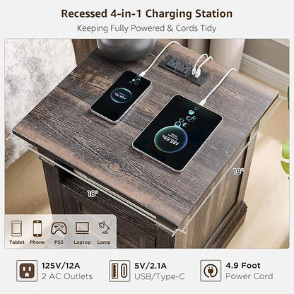 Farmhouse Nightstand with Charging Station, 18" End Table with 2 Drawers Storage and 1 Storage Shelf, Wooden Sofa Side Table w/Roman Column, Bedside Cabinet for Bedroom, Living Room, Dark Rustic Oak