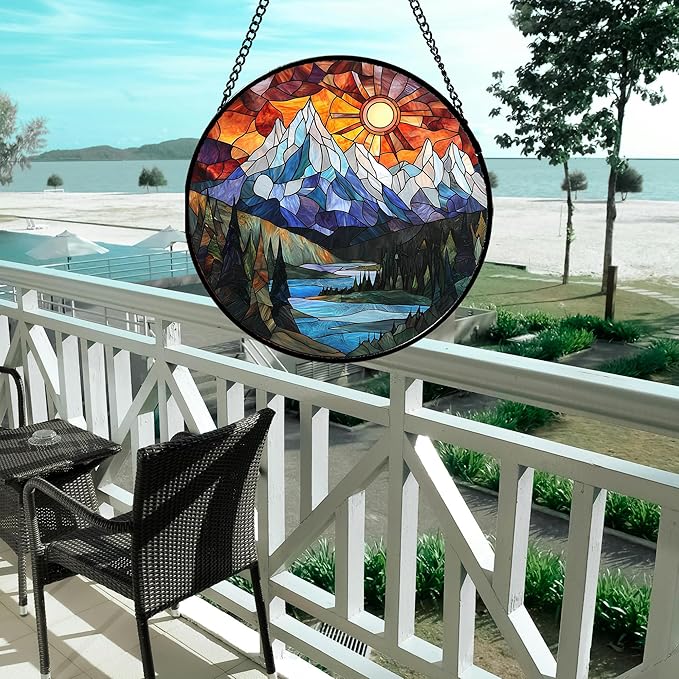 AMDERVEN Stained Glass Window Hanging - Colorful Mountain Lake Landscape Sun Catcher for Door Garden Home Decor Suncatcher Christmas Mother's Day Birthday Gifts for Women Men Mom Nana 9.8 in