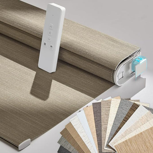 Persilux Smart Motorized Blinds with Remote, No Drill Automatic Roller Shades for Indoor Windows, Light Filtering Linen Fabric, Electric Blinds for Windows, Weave Caribou C162-5, Custom Size