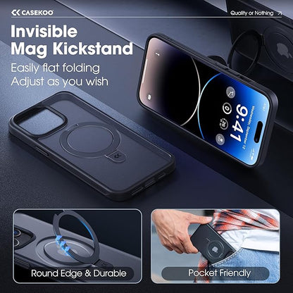 CASEKOO Designed for iPhone 14 Pro Case with Magnetic Invisible Stand [Military Drop Protection] [Compatible with MagSafe] Shockproof Slim Matte Translucent Pro Case 6.1 Inch, Black