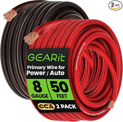 GEARit 8 Gauge Wire (50ft Each- Black/Red Translucent) Copper Clad Aluminum CCA - Primary Automotive Wire Power/Ground, Battery Cable, Car Audio Speaker, RV Trailer, Amp, Electrical 8ga AWG 50 Feet
