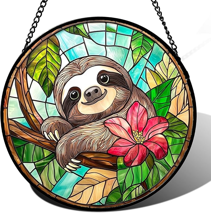 AMDERVEN Stained Glass Window Hanging, Cute Sloth Sun Catcher for Door Home Decor Animal Suncatcher Christmas Mother's Day Birthday Gifts for Women Men Mom and Nana 11.8 in