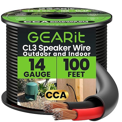 GEARit Outdoor Speaker Wire CL3 Rated, 14 Gauge Speaker Wire, Speaker Cable 100 ft for Outdoor Speakers, Patio, Garden, Backyard Audio, Direct Burial in Ground/in Wall, CCA (Black, 2-Conductors)