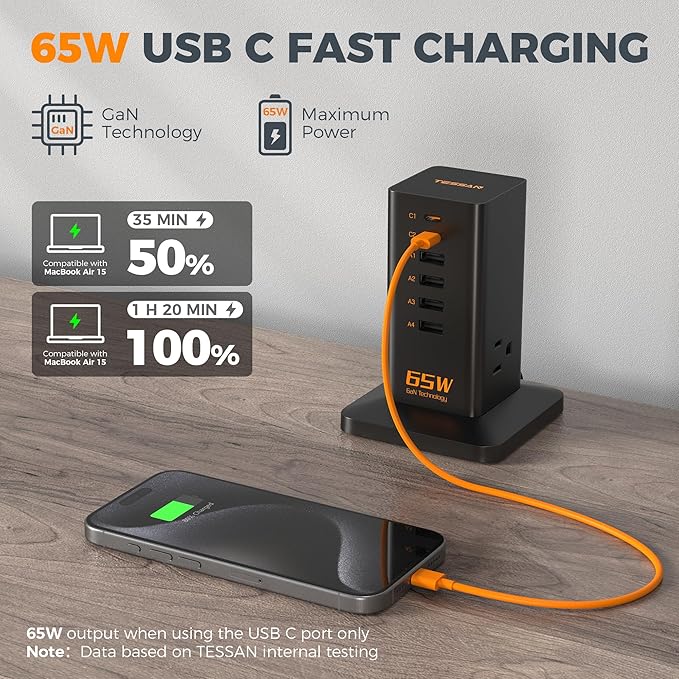 USB Charging Station for Multiple Devices 10Ft Cord, TESSAN 9-in-1 USB C Charger Block PD 65W for iPhone 17/16, MacBook, Tablet, Type C Desktop Charger with 3 AC, Home Travel Office Accessories