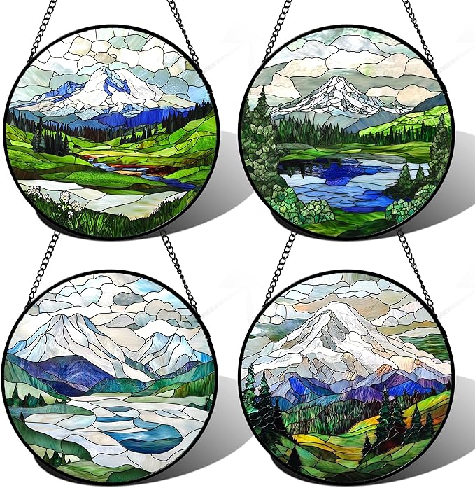 DASTOLL Stained Glass Window Hanging 4 Pcs Set Mountains Lake Green White Landscape Large 11.8" - Suncatcher Door Garden Sun Catcher Decor Birthday Christmas for Mom Woman Nana Men
