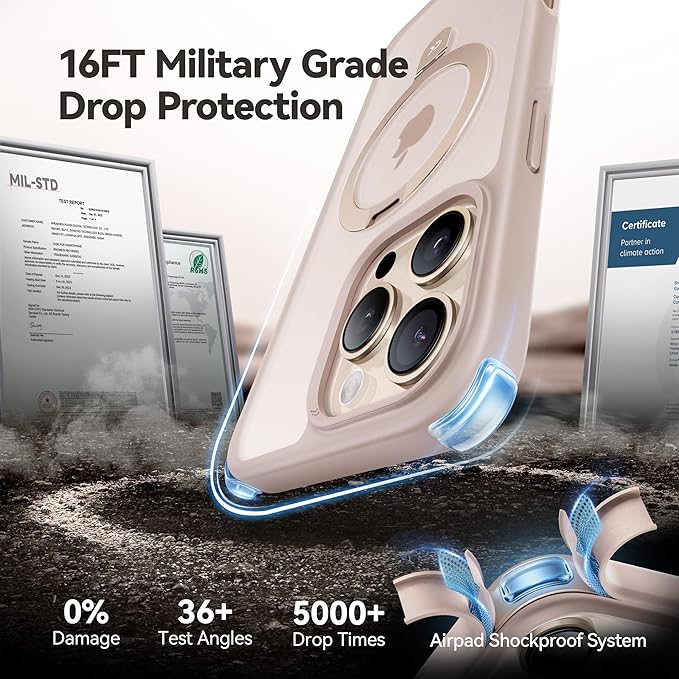 CASEKOO Designed for iPhone 16 Pro Case with Magnetic Invisible Stand [Military Drop Protection] [Compatible with MagSafe] Shockproof Slim Matte Translucent Case 6.3 Inch, Desert Gold