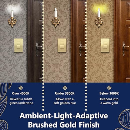 LIDER Brushed Gold Minimalist Decorator Switch with Screwless Wall Plate, Frameless Wall Light Switch, On/Off Rocker Switch, 3-Way or Single Pole, Residential Grade, UL Listed, 3 Wire, 15A 120-277VAC