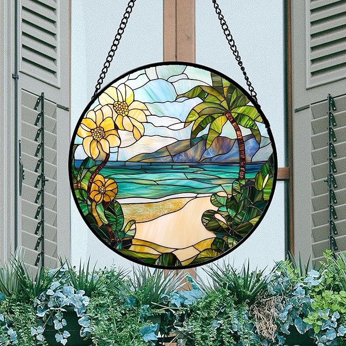 DASTOLL Stained Glass Window Hanging 4 Pcs Set Blue Ocean Coconut Tree Scenery 6.3" - Suncatcher Door Garden Sun Catcher Decor Birthday Christmas for Mom Woman Nana Men