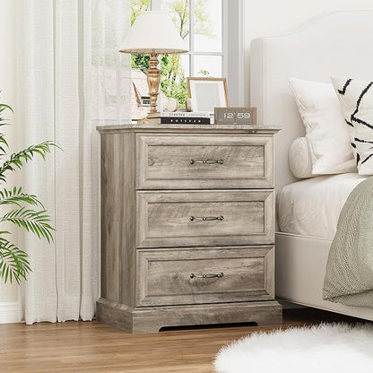 Nightstand with 3 Large Drawers,24" Wide End Table with Metal Handles,Rustic Farmhouse Wood Small Dresser,Bedside Table,Modern Chest of Drawers for Bedroom,Living Room,Grey