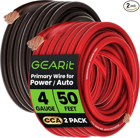 GEARit 4 Gauge Wire (50ft Each - Black/Red Translucent) Copper Clad Aluminum CCA - Primary Automotive Wire Power/Ground, Battery Cable, Car Audio Speaker, RV Trailer, Amp, Electrical 4ga AWG 50 Feet