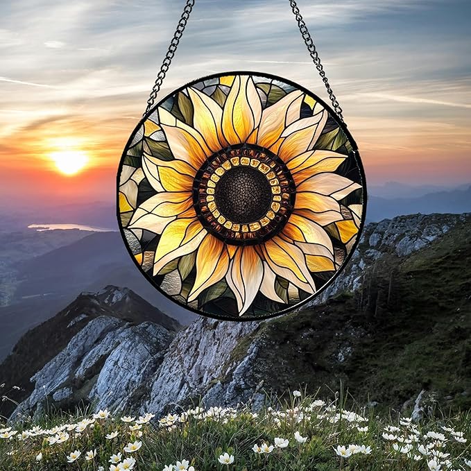 CRISGIF Stained Glass Window Hanging - Sunflower Suncatcher for Door Garden Patio Retro Flower Sun Catchers Decor Christmas Mother's Day Birthday Gifts for Women Mom Nana Friend Wife 9.8 in