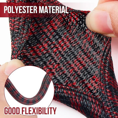 QCSIW Split Cable Sleeve, 1/2 Inch 100ft Black Red Braided Wire Loom for Home Cable Management, Pet Chew Protection and DIY Cord Organizer for Desk and Home Theater