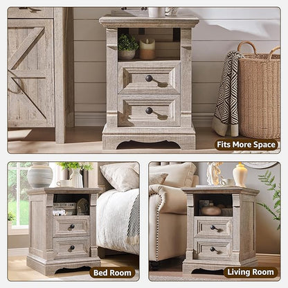 Farmhouse Nightstand with Charging Station, 18" End Table with 2 Drawers Storage and 1 Storage Shelf, Wooden Side Table w/Roman Column, Bedside Cabinet for Bedroom, Living Room, Light Rustic Oak