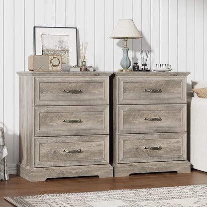 Nightstand Set of 2,24" Wide End Table with 3 Large Drawers & Metal Handles,Rustic Farmhouse Wood Small Dresser,Bedside Table,Modern Chest of Drawers for Bedroom,Living Room,Grey