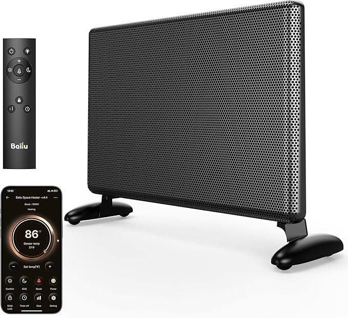 Ballu Mica Infrared Space Heater Large Room,Panel Heater with Programmable Thermostat,WiFi App Control,Portable Stand or Wall Mount, Energy Efficient Smart Quiet Heater,Work with Alexa,Black