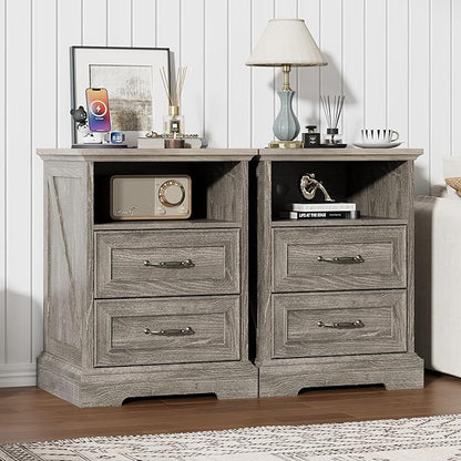 Nightstand with Charging Station,18" Wide End Table with 2 Large Drawers & Metal Handles,Rustic Farmhouse Wood Small Dresser,Bedside Table,Modern Chest of Drawers for Bedroom,Living Room,Dark Grey