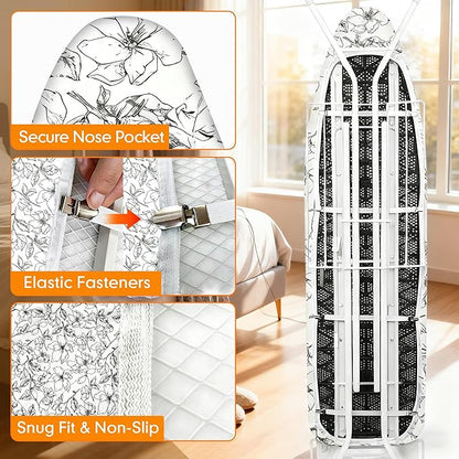 Ironing Board Cover and Pad, 15x54 Standard Size Thick Iron Padding, Scorch & Stain Resistant Ironing board cover, Heavy Duty Iron Board Padded with Adjustable Fasteners Elastic Edge, Floral White