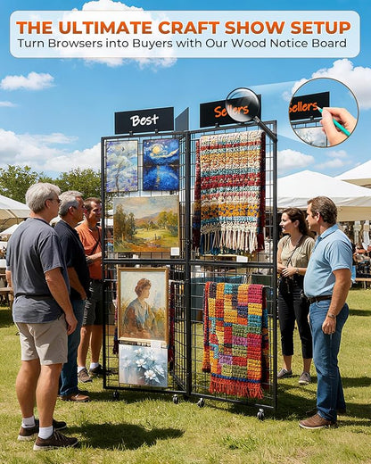 DEMEGA 360° Foldable Grid Wall Panel, Three 6' x 4.25' Ft Double Side Gridwall Display Stand with Notice board, Heavy Duty Sturdy Floorstanding Wire Grid Rack, Movable Wheel for Retail Art Craft Fairs