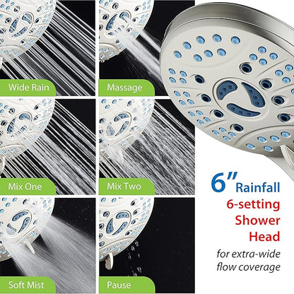 Hotel Spa AquaCare As-Seen-On-TV High Pressure Handheld/Rain 50-mode 3-way Shower Head Combo with Adjustable Arm - Anti-clog Nozzles, Tub & Pet Power Wash, 6 ft. Stainless Steel Hose, Nickel Finish