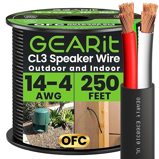 GEARit Outdoor Speaker Wire CL3 Rated, 14 Gauge Speaker Wire, Speaker Cable 250 ft for Outdoor Speakers, Patio, Garden, Backyard Audio, Direct Burial in Ground/in Wall, OFC (Black, 4-Conductors)
