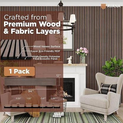 Avana Modern Acoustic Wood Wall Panels – 94.4 x 12.6 Inch Walnut Acoustic Panels 1 PC – Wall Panels For Interior Wall Decor For Homes, Offices, Studios – Sturdy & Durable Wood Panels For Wall