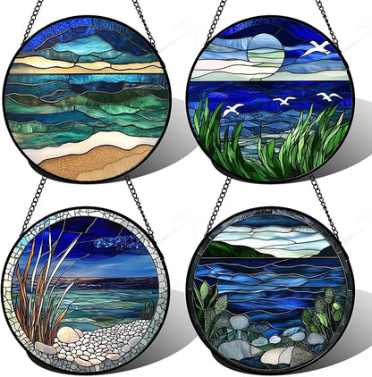 AMDERVEN Stained Glass Window Hanging 4 Pcs Set Navy Blue Ocean Landscape 6.3" - Suncatcher Door Garden Sun Catcher Decor Birthday Mother's Day for Mom Woman Nana Girl Boy Friend