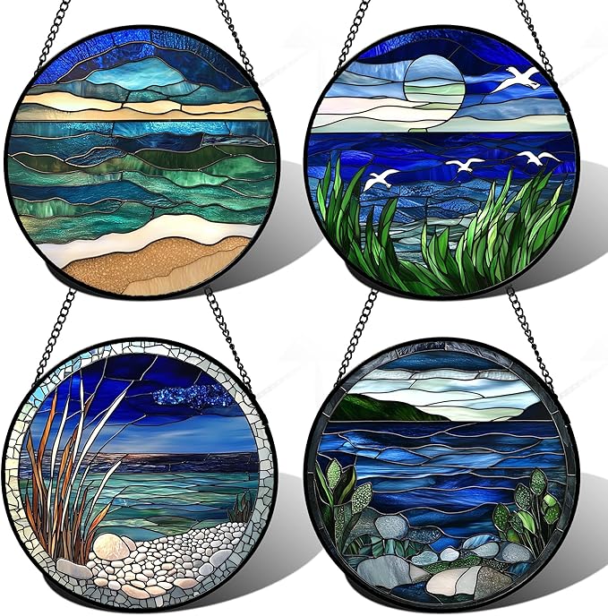 AMDERVEN Stained Glass Window Hanging 4 Pcs Set Navy Blue Ocean Landscape Large 15" - Suncatcher Door Garden Sun Catcher Decor Birthday Mother's Day for Mom Woman Nana Girl Boy Friend