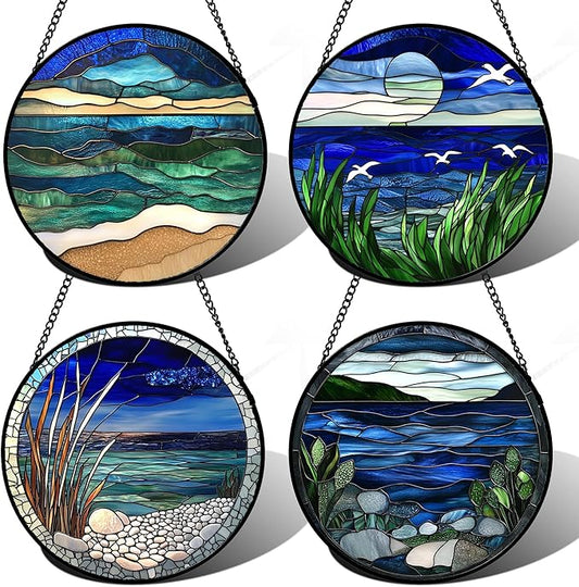 AMDERVEN Stained Glass Window Hanging 4 Pcs Set Navy Blue Ocean Landscape Large 15" - Suncatcher Door Garden Sun Catcher Decor Birthday Mother's Day for Mom Woman Nana Girl Boy Friend