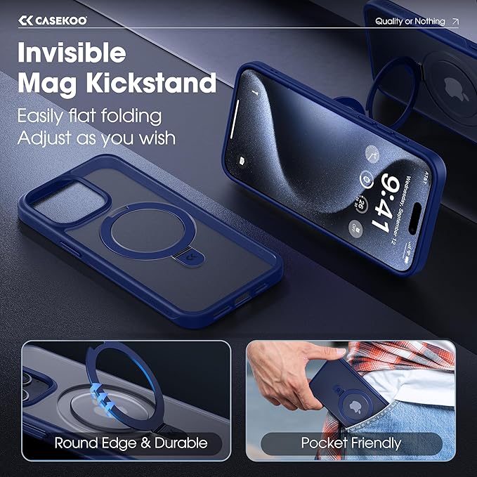 CASEKOO Designed for iPhone 15 Pro Case with Magnetic Invisible Stand [Military Drop Protection] [Compatible with MagSafe] Shockproof Slim Translucent Matte Pro Case 6.1 Inch, Blue