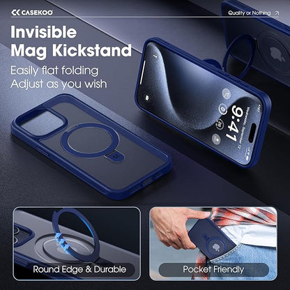 CASEKOO Designed for iPhone 15 Pro Case with Magnetic Invisible Stand [Military Drop Protection] [Compatible with MagSafe] Shockproof Slim Translucent Matte Pro Case 6.1 Inch, Blue