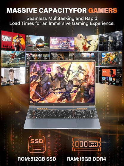 Rumtuk 16" Gaming Laptop Computer - Alder Lake N95 Processor (3.4GHz), FHD 1920 * 1200 IPS, 16G RAM, Fingerprint, Backlit Keyboard, 180° Hinge, Lightweight for Business & Student (512GB)