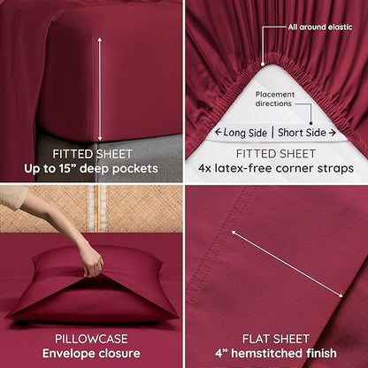 Bambaw 100% Viscose Derived from Bamboo Sheets Full Size Set – 4pcs Set of Full Size Bed Sheets Cooling and Soft, with Elastic Corner Straps, Bedding for Night Sweats (Burgundy)