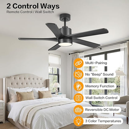 WINGBO 48 Inch DC Ceiling Fan with Lights and Remote Control, 5 Carved Solid Wood Blades, 6-Speed Noiseless Reversible DC Motor, Indoor Ceiling Fan in Matte Black Finish with Black Blades