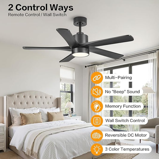WINGBO 48 Inch DC Ceiling Fan with Lights and Remote Control, 5 Carved Solid Wood Blades, 6-Speed Noiseless Reversible DC Motor, Indoor Ceiling Fan in Matte Black Finish with Black Blades