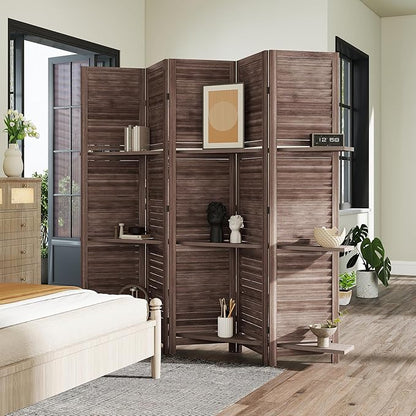 HOMCOM Room Divider, 5 Panel 67" Tall Wood Privacy Screen with 3 Display Shelves, and Folding Storage for Bedroom or Home Office, Walnut