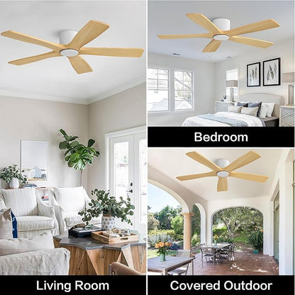 WINGBO 48" Flush Mount DC Ceiling Fans Without Lights, 5 Carved Solid Wood Blades, 6-Speed Reversible DC Motor, Low Profile Hugger Ceiling Fan No Lights for Living Room Bedroom Patio, White and Oak
