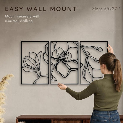 Wita Home Poppy Flower Metal Wall Art, 3-Panel Botanical Line Design, Modern Floral Wall Decor for Living Room, Bedroom, Office, Indoor & Outdoor Display (55×27 inches)