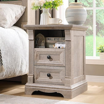 Farmhouse Nightstand with Charging Station, 18" End Table with 2 Drawers Storage and 1 Storage Shelf, Wooden Side Table w/Roman Column, Bedside Cabinet for Bedroom, Living Room, Light Rustic Oak