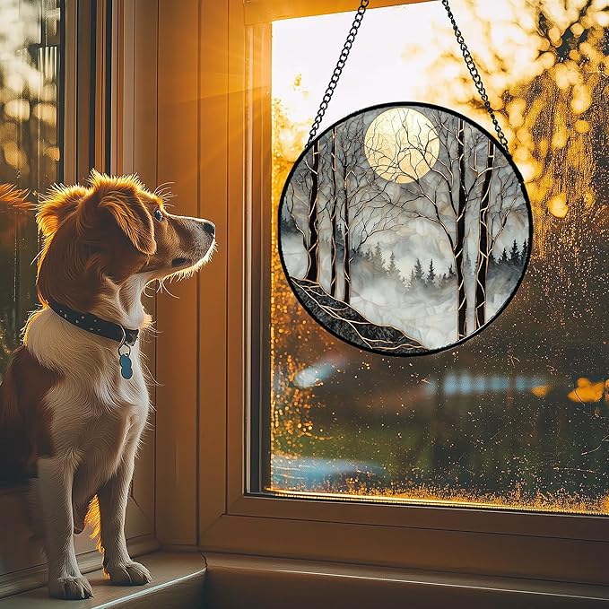 AMDERVEN Stained Glass Window Hanging - Black and White Gold Moon Forest Sun Catcher for Door Home Decor Suncatcher Christmas Mother's Day Birthday Gifts for Women Men Lovers Mom Nana 15 in