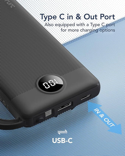 VRURC Portable Charger with Built in Cables, Slim Power Bank 10000mAh, USB C Battery Pack Travel Essential, 5 Outputs 2 Inputs Phone Charging Bank for iPhone 16 15 14 13,Samsung,Android-Black(1 Pack)