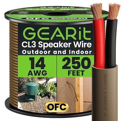 GEARit Outdoor Speaker Wire CL3 Rated, 14 Gauge Speaker Wire, Speaker Cable 250 ft for Outdoor Speakers, Patio, Garden, Backyard Audio, Direct Burial in Ground/in Wall, OFC (Brown, 2-Conductors)