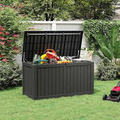 NUNU LAB 151 Gallon Outdoor Storage Box,Resin Large Sturdy Deck Box, Backyard Outside Storage Box Waterproof with Double Wall Panels,Package Delivery Garden Outdoor Hose Storage Bin,Black